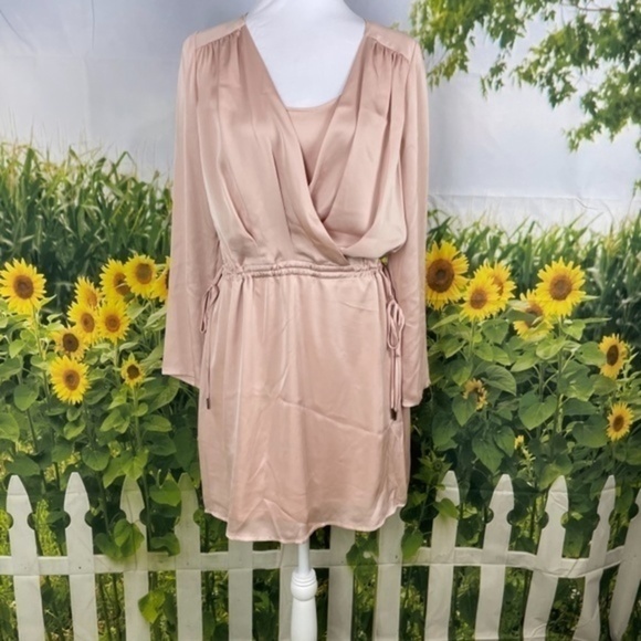 BCBG Bare Pink Long Sleeve Surplice Dress Small - Picture 3 of 13